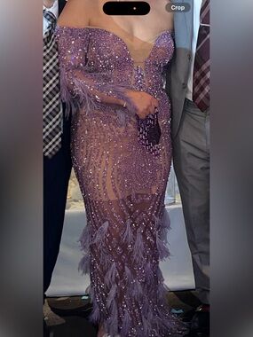 Off-Shoulder Lavender Sequin Feather Gown - Women